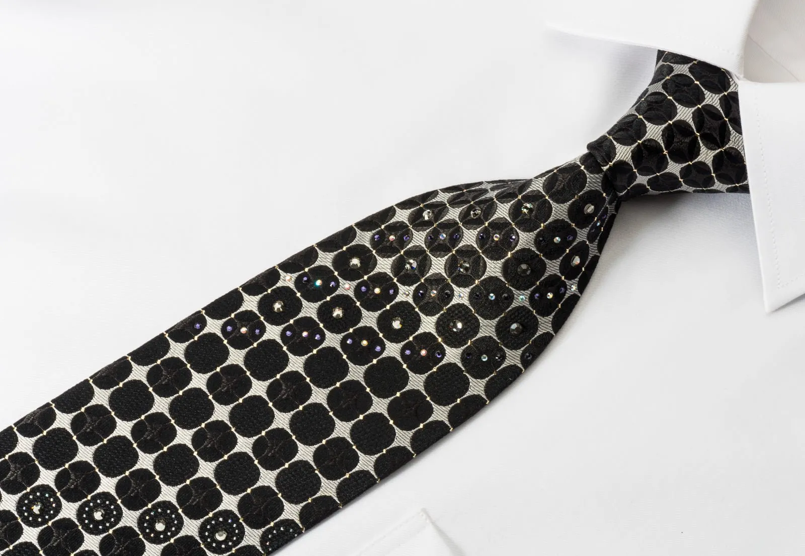 Aquascutum Silk Rhinestone Necktie Silver Black Geometric With Silver Sparkles