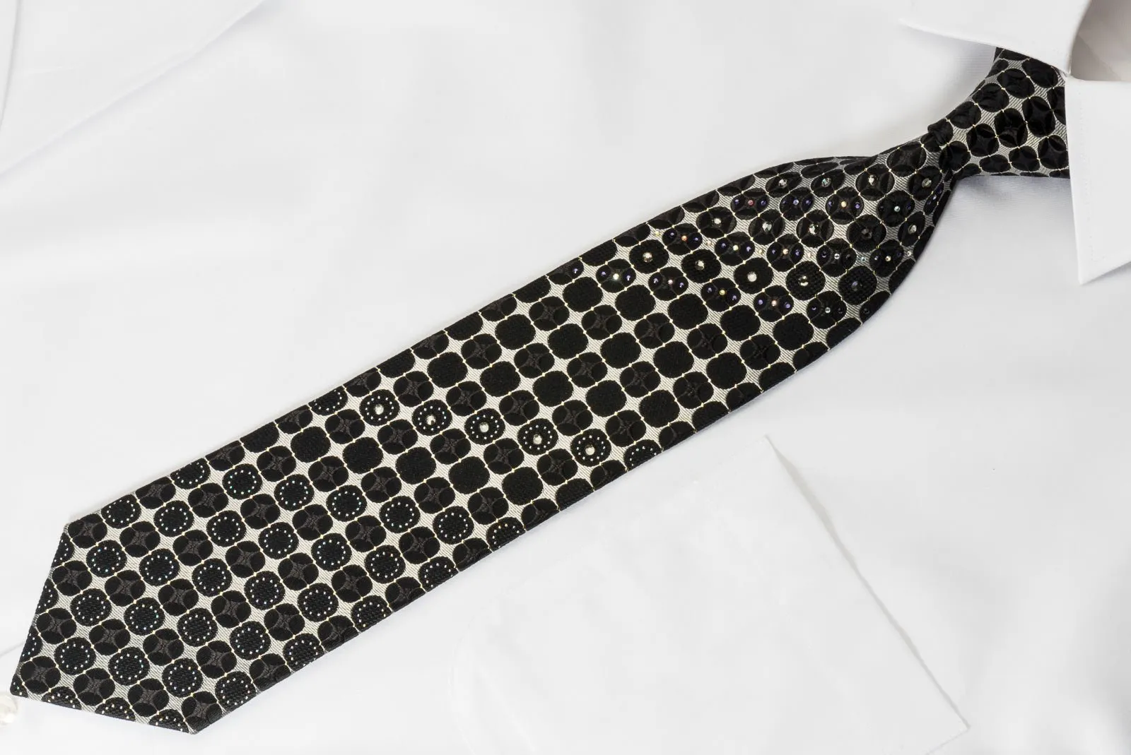 Aquascutum Silk Rhinestone Necktie Silver Black Geometric With Silver Sparkles