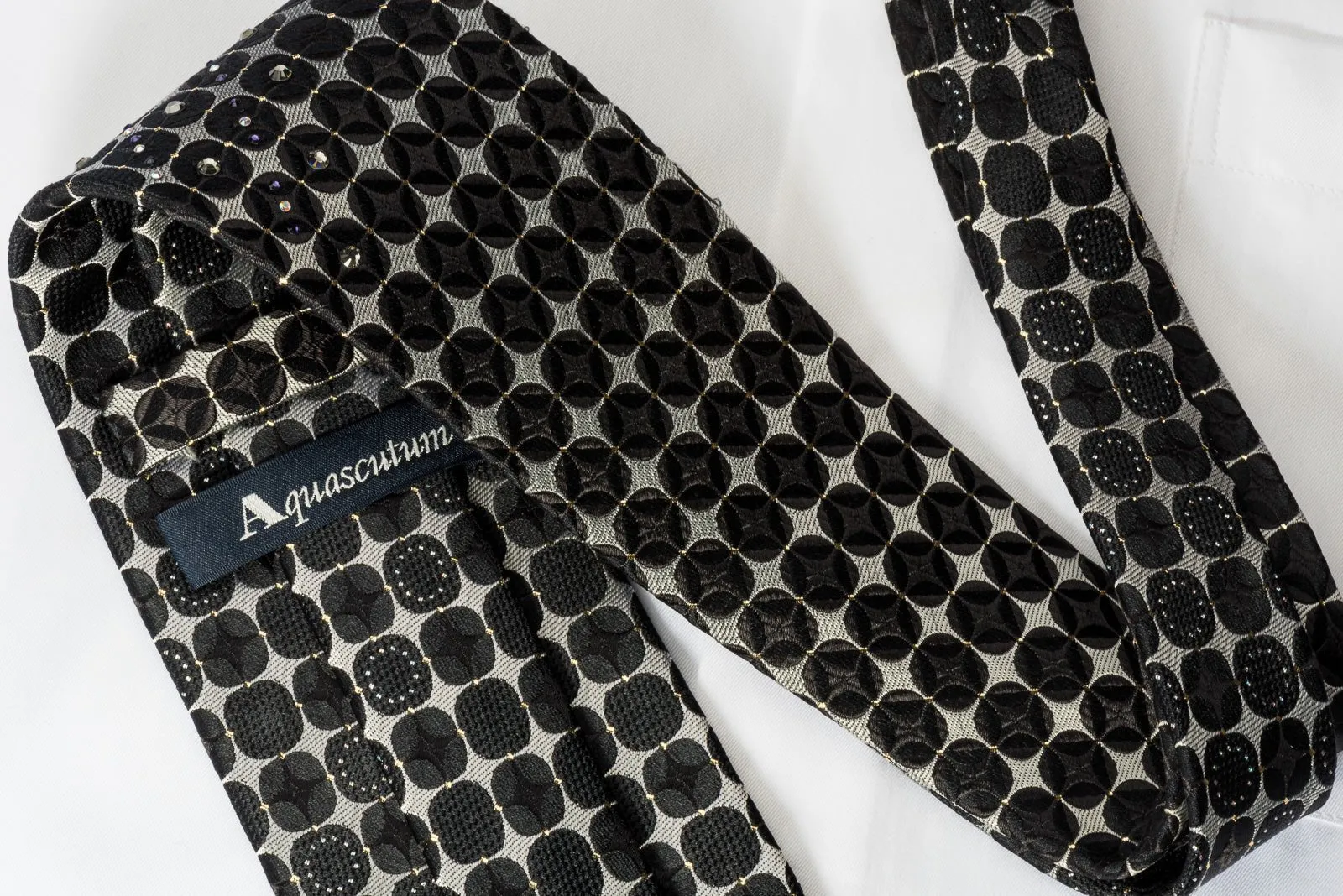 Aquascutum Silk Rhinestone Necktie Silver Black Geometric With Silver Sparkles