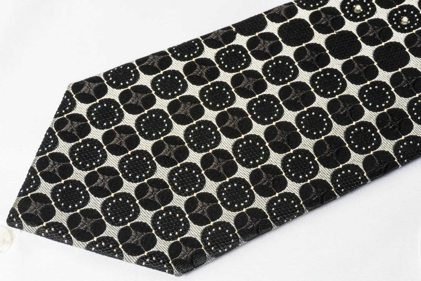 Aquascutum Silk Rhinestone Necktie Silver Black Geometric With Silver Sparkles