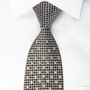 Arpeggio Men's Woven Silk Necktie Silver Trellis On Bleck With Rhinestones