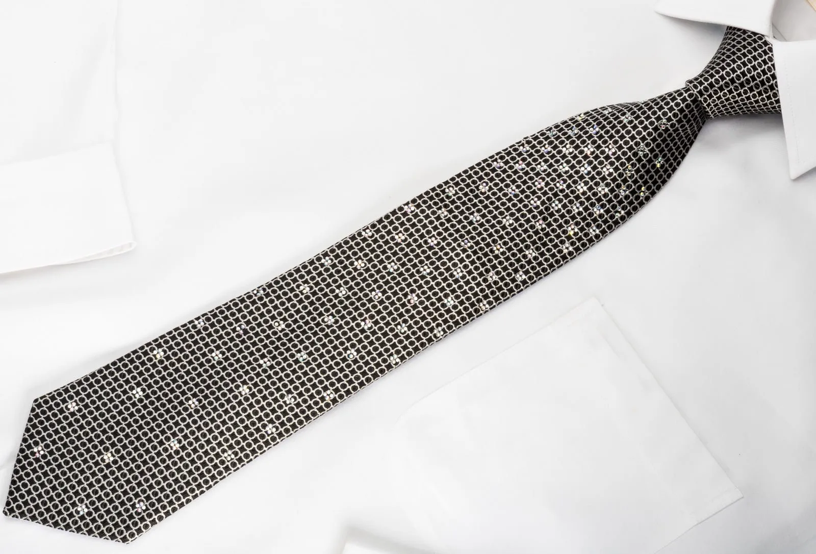 Arpeggio Men's Woven Silk Necktie Silver Trellis On Bleck With Rhinestones