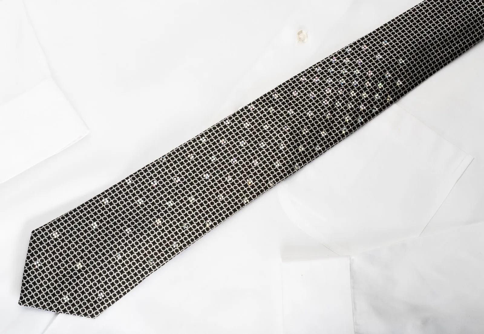 Arpeggio Men's Woven Silk Necktie Silver Trellis On Bleck With Rhinestones