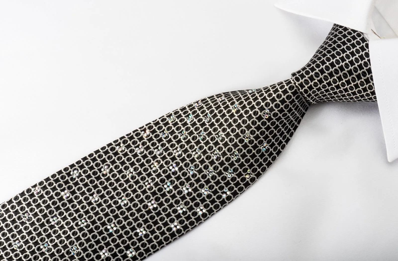 Arpeggio Men's Woven Silk Necktie Silver Trellis On Bleck With Rhinestones