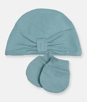 Baby Bow Hat With Mittens - Sage Green