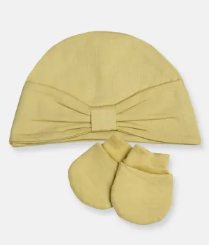 Baby Bow Hat With Mittens - Yellow