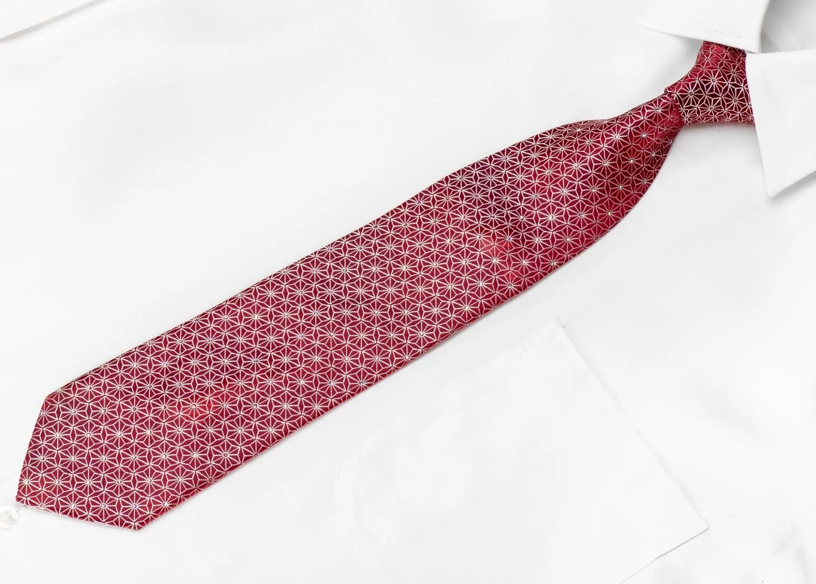 Blu Moon Men's Crystal Rhinestone Necktie Silver Trellis On Red