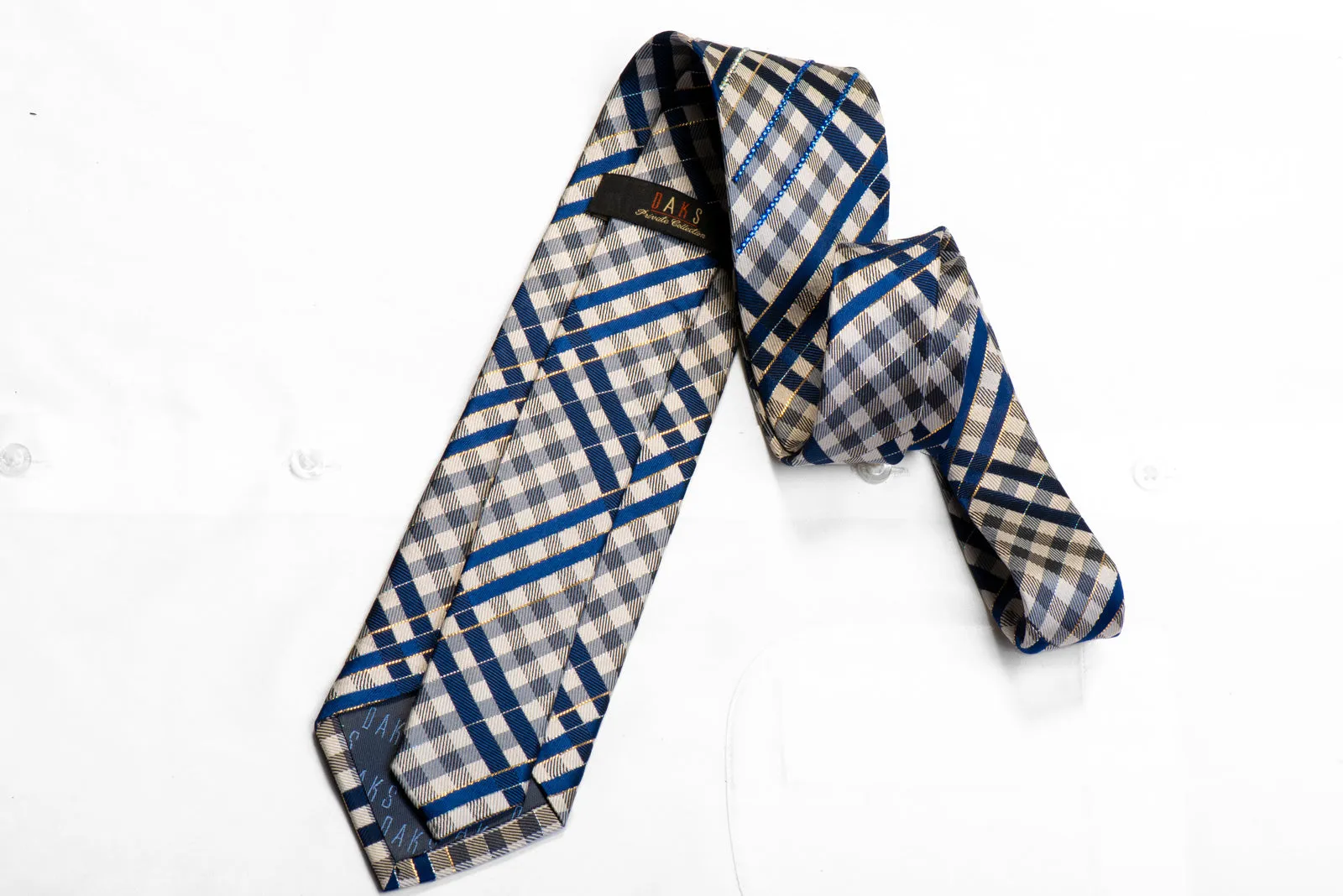 Blue Silver Plaids Rhinestone Silk Tie With Gold Sparkles