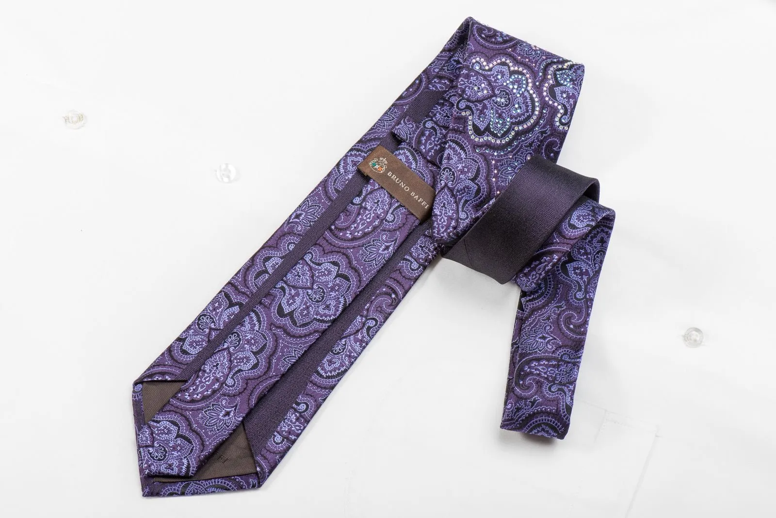 Bruno Baffi Men's Crystal Silk Tie Anthemion Paisley On Purple