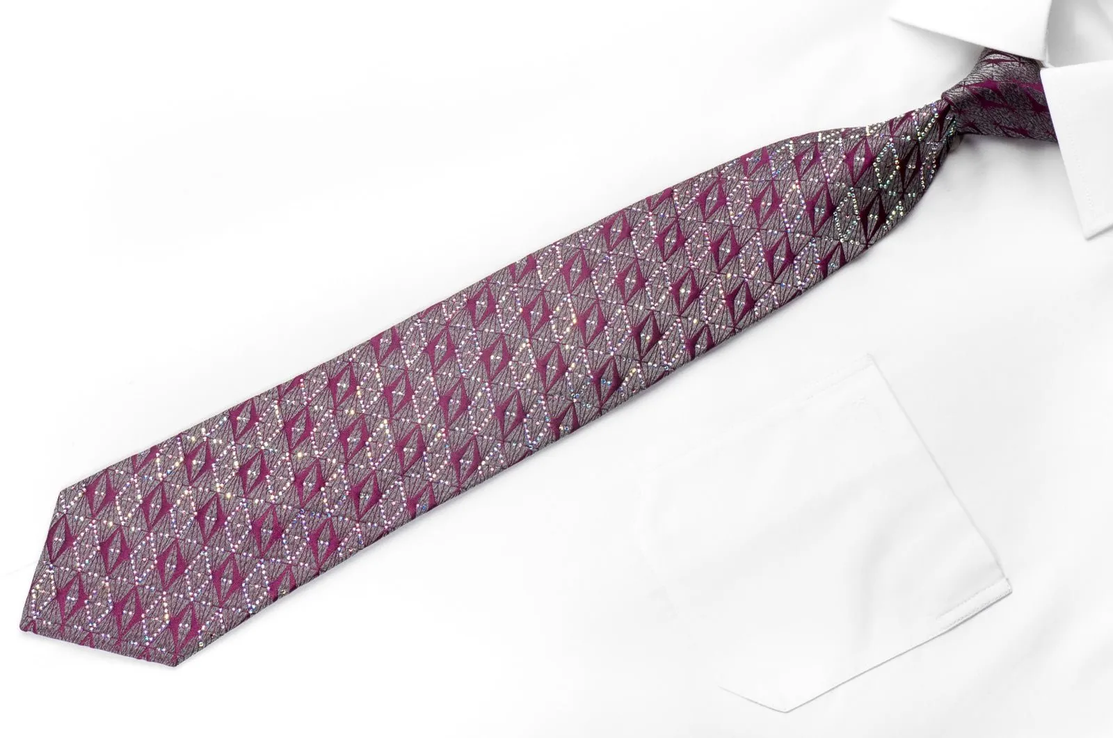 Cabrini Men's Silk Necktie Purple Silver Geometric Sparkling With Crystal Rhinestones