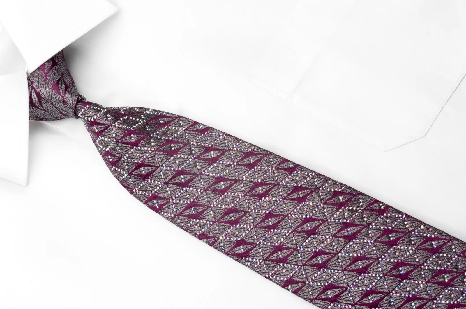 Cabrini Men's Silk Necktie Purple Silver Geometric Sparkling With Crystal Rhinestones