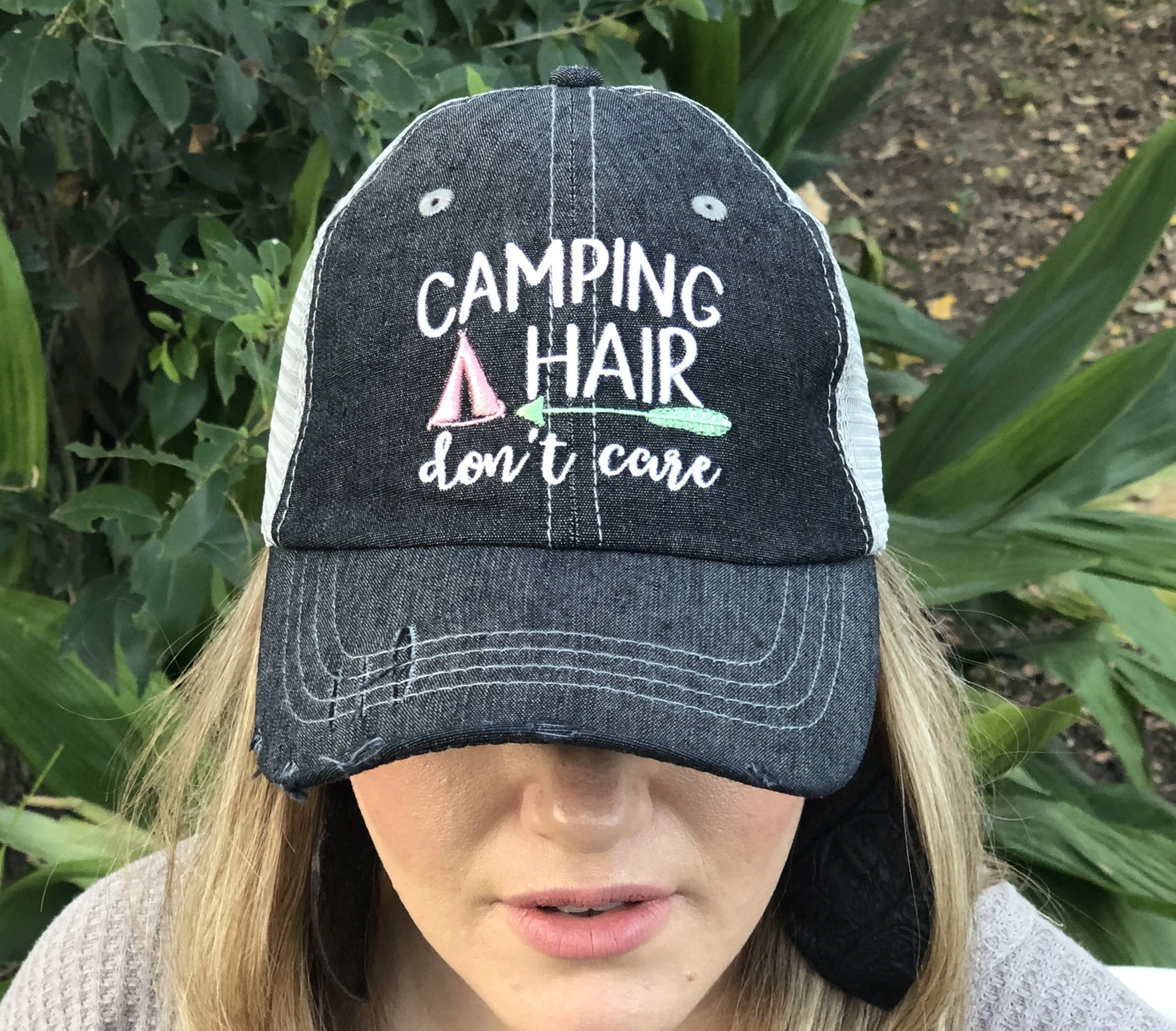 Camping Hair Don't Care Distressed Trucker Hat