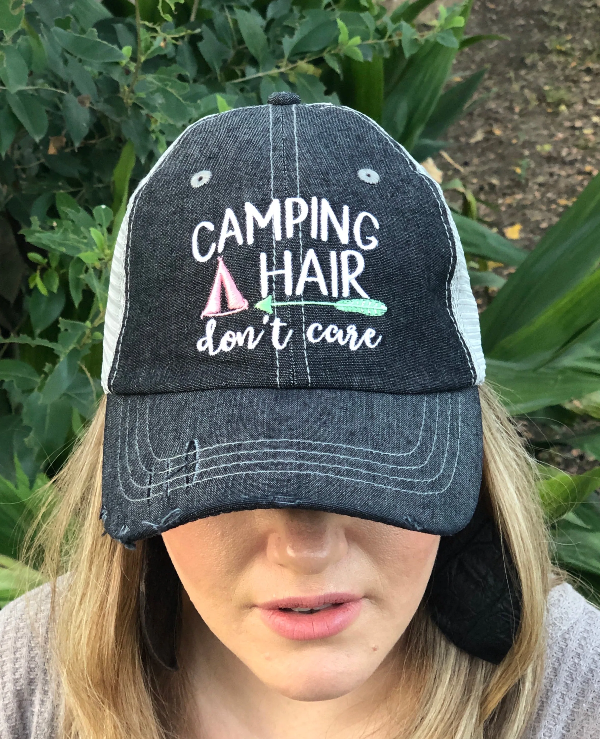 Camping Hair Don't Care Distressed Trucker Hat