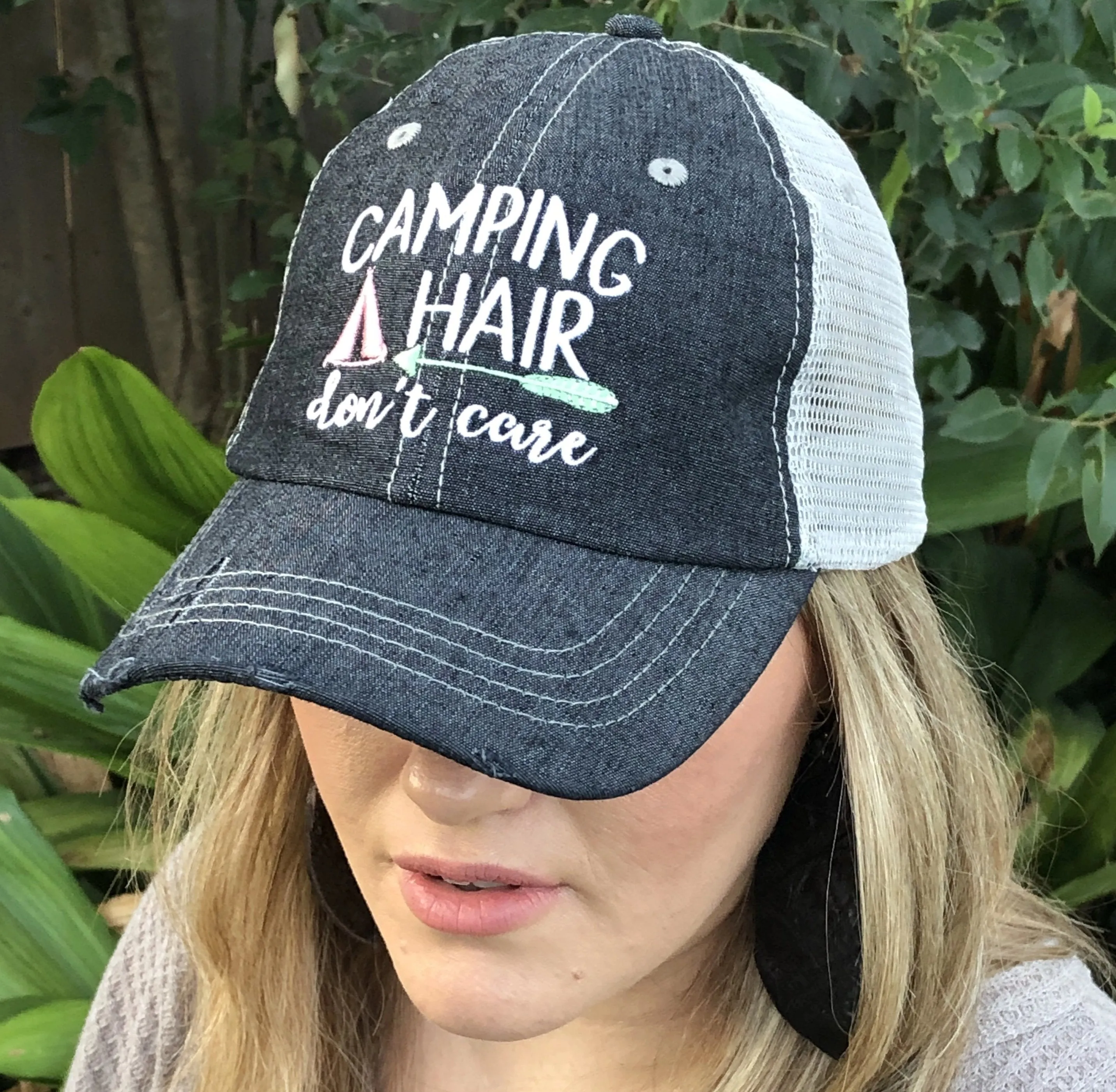 Camping Hair Don't Care Distressed Trucker Hat