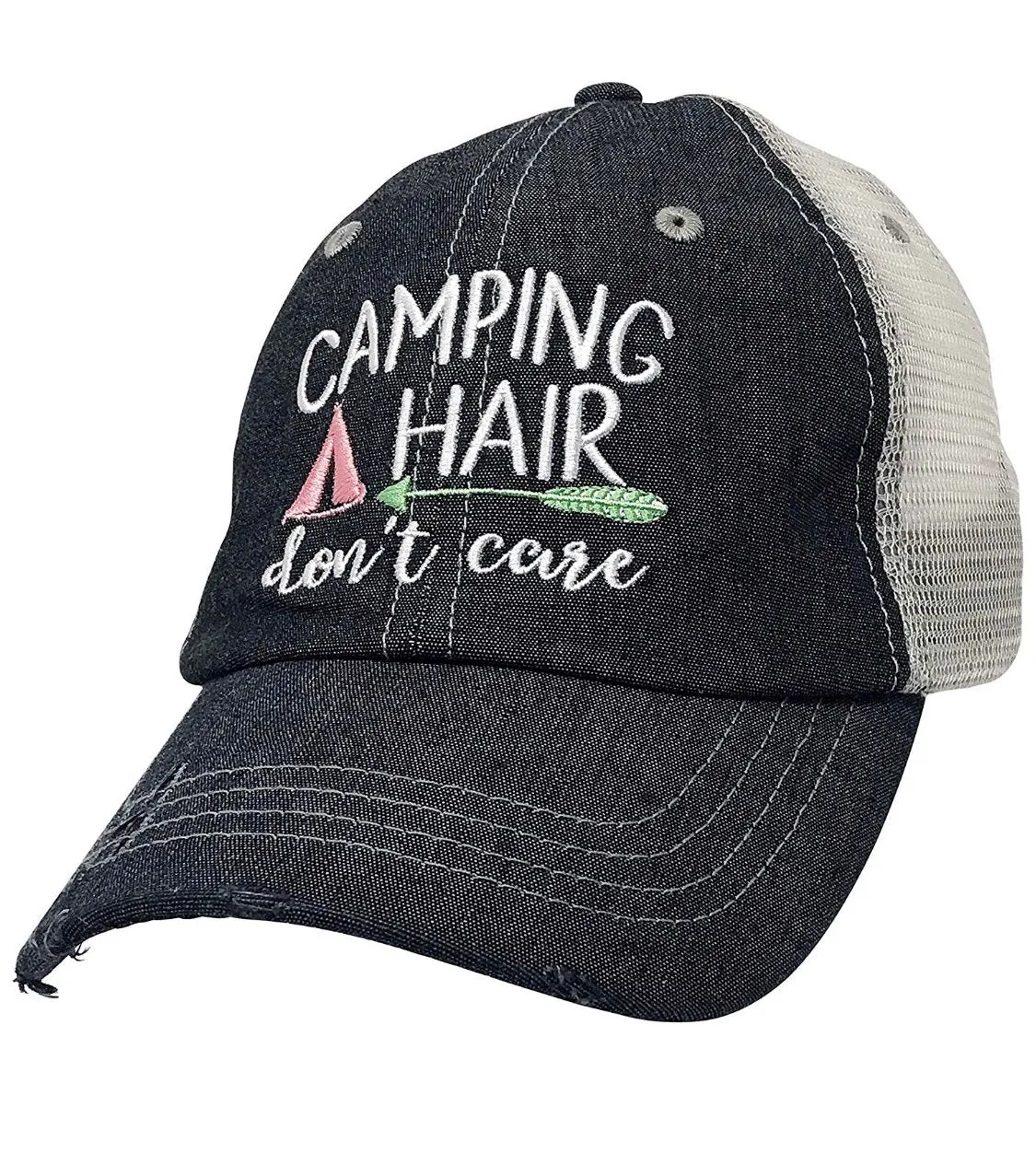 Camping Hair Don't Care Distressed Trucker Hat