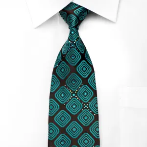 Charles Jourdan Men's Silk Tie Turquoise Geometric On Black Sparkling With Rhinestones