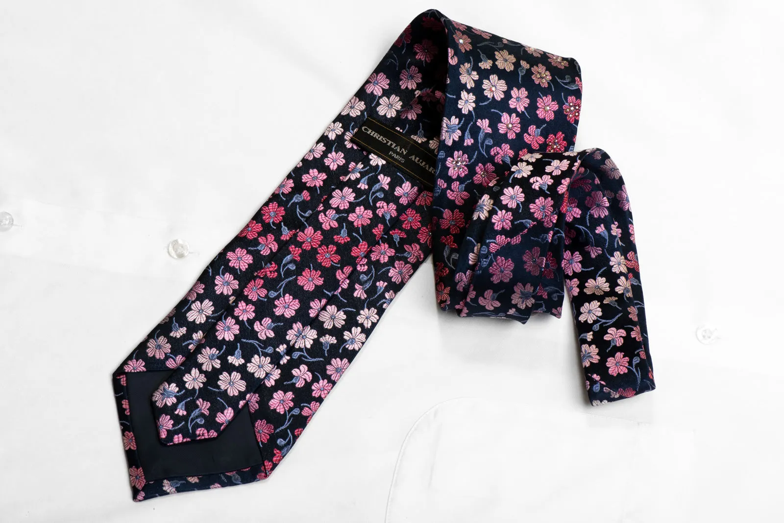 Christian Aujard Silk Necktie Pink Floral On Navy With Sparkles & Rhinestones