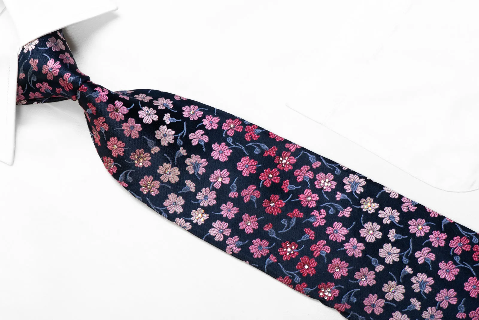 Christian Aujard Silk Necktie Pink Floral On Navy With Sparkles & Rhinestones