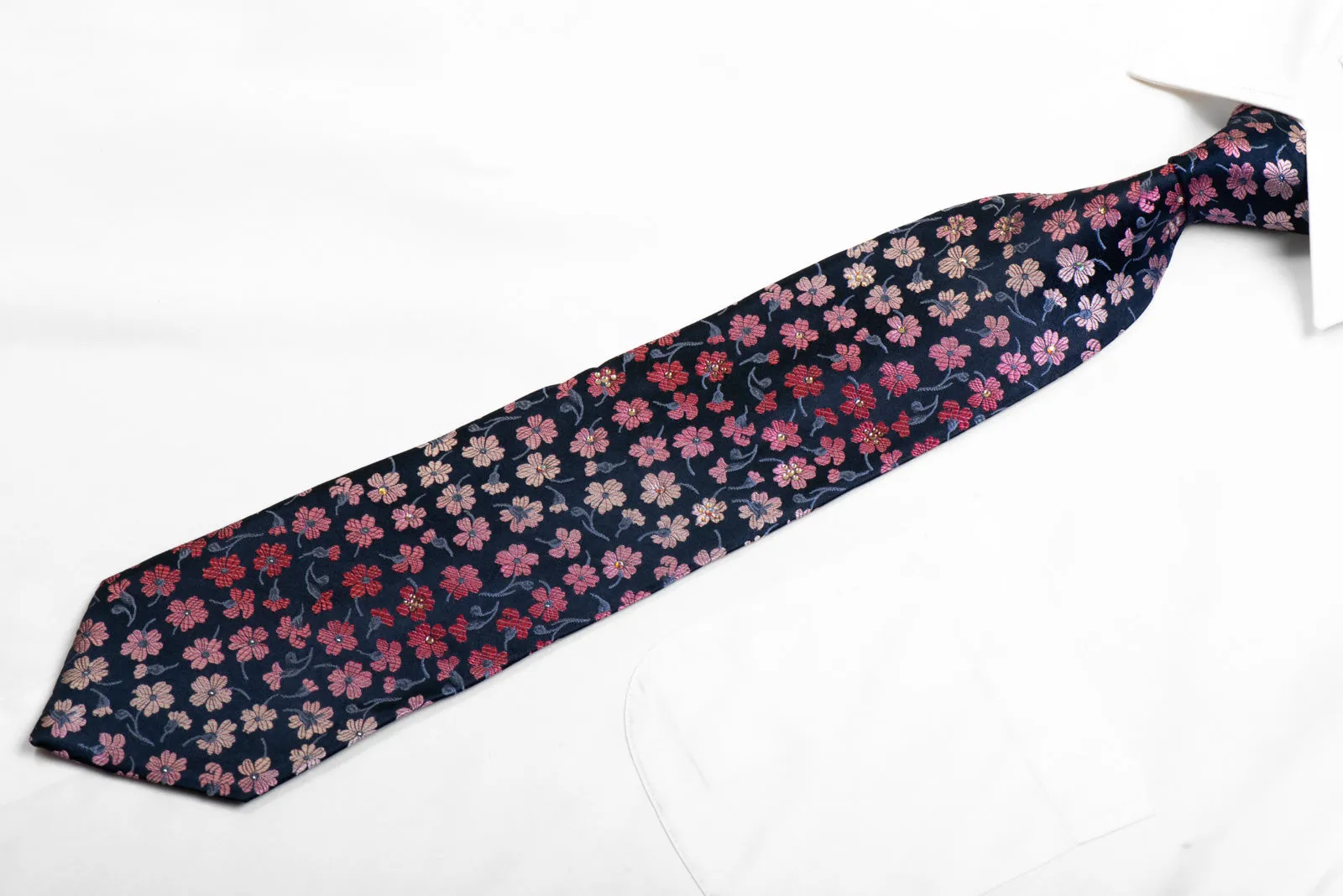 Christian Aujard Silk Necktie Pink Floral On Navy With Sparkles & Rhinestones