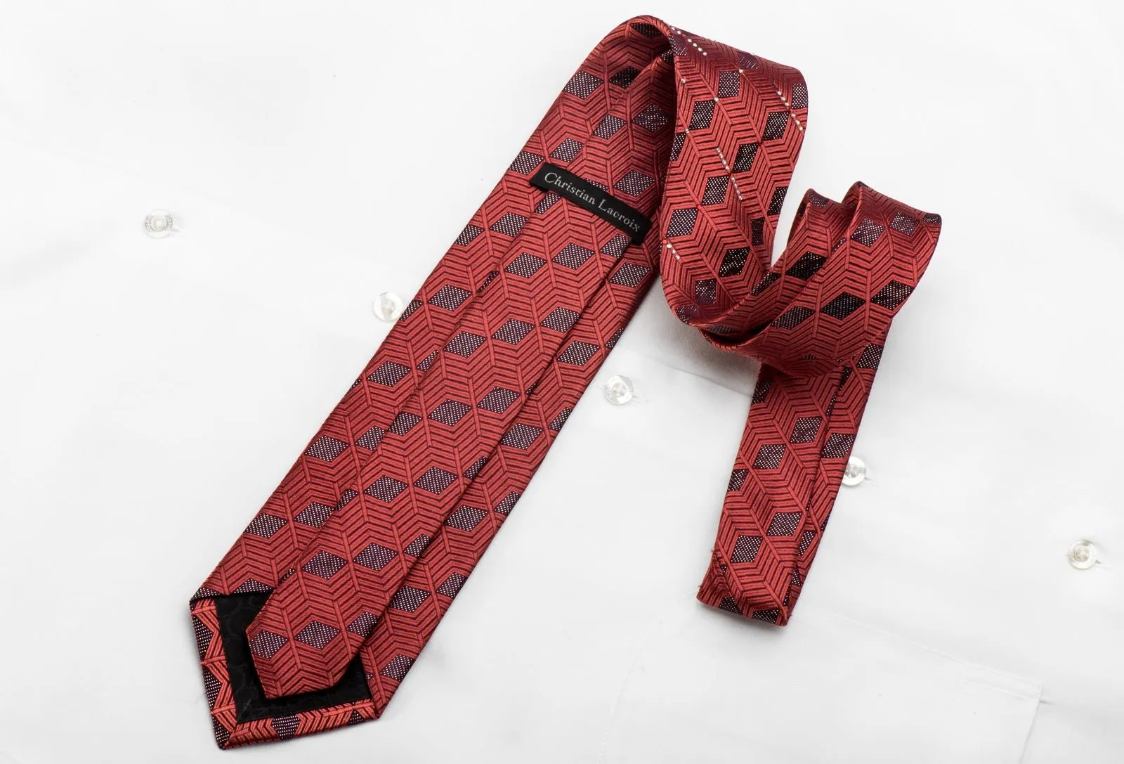 Christian Lacroix Men's Crystal Rhinestone Tie Geometric On Burgundy With Silver Sparkles