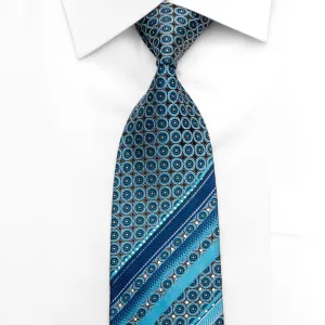 Cuni Homme Men's Silk Rhinestone Tie Geometric Circles & Stripes On Blue With Silver Sparkles