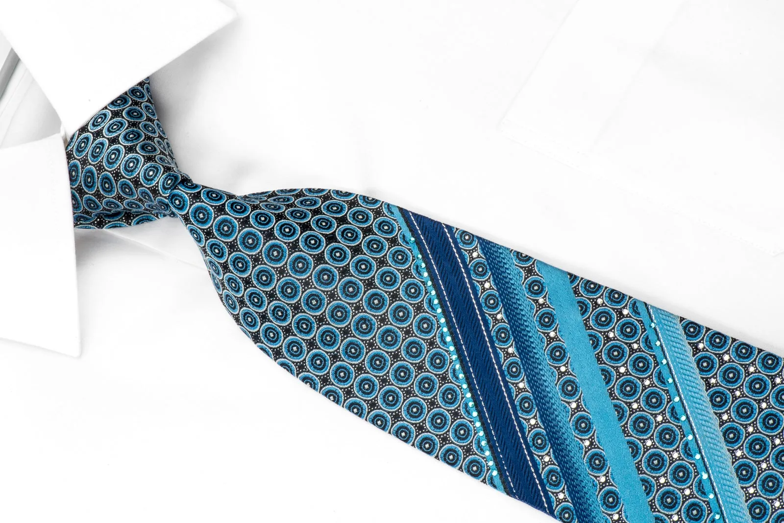 Cuni Homme Men's Silk Rhinestone Tie Geometric Circles & Stripes On Blue With Silver Sparkles