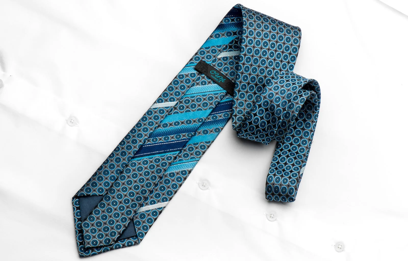 Cuni Homme Men's Silk Rhinestone Tie Geometric Circles & Stripes On Blue With Silver Sparkles