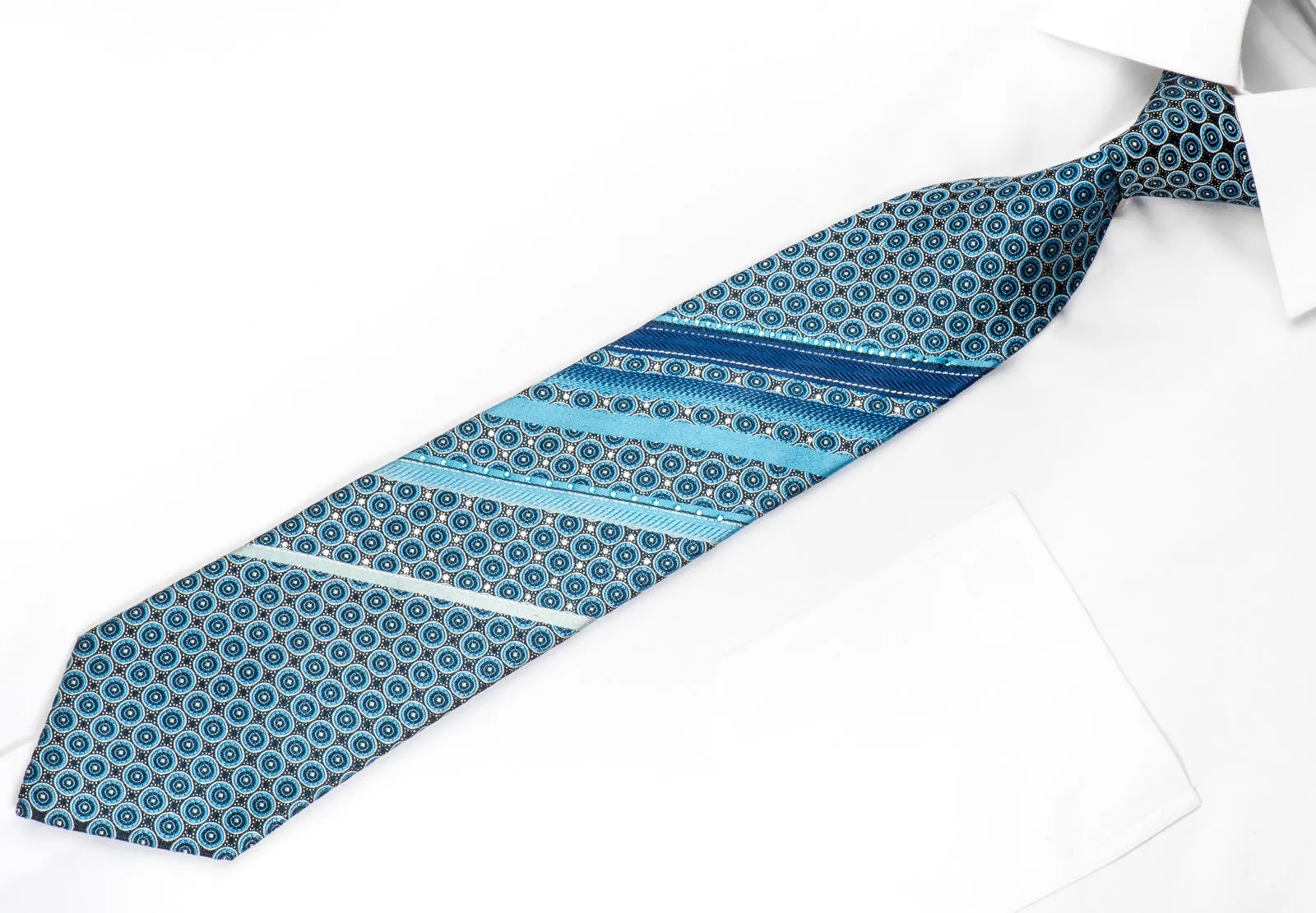 Cuni Homme Men's Silk Rhinestone Tie Geometric Circles & Stripes On Blue With Silver Sparkles