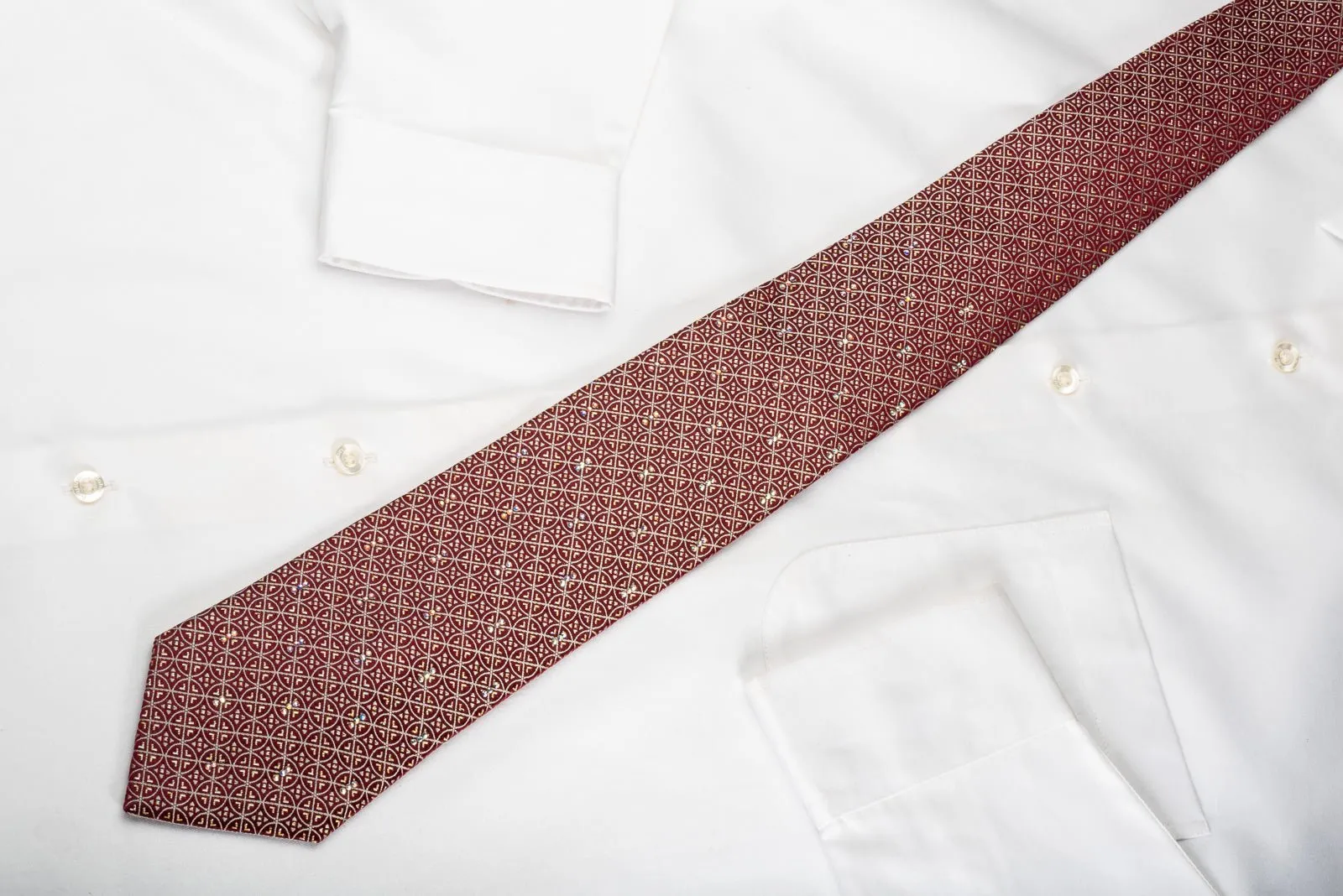 Daily Bones Silk Tie Silver Gold Trellis On Burgundy With Rhinestones