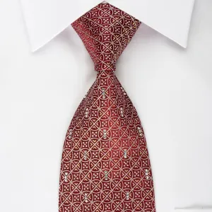 Daily Bones Silk Tie Silver Gold Trellis On Burgundy With Rhinestones