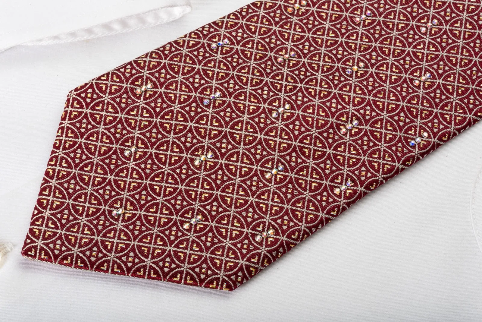 Daily Bones Silk Tie Silver Gold Trellis On Burgundy With Rhinestones