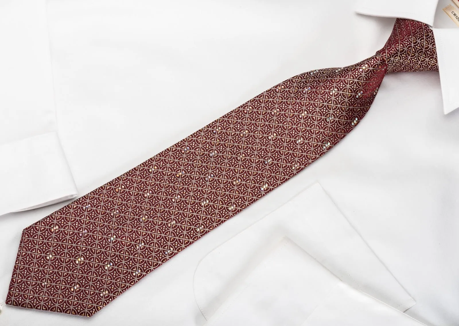 Daily Bones Silk Tie Silver Gold Trellis On Burgundy With Rhinestones