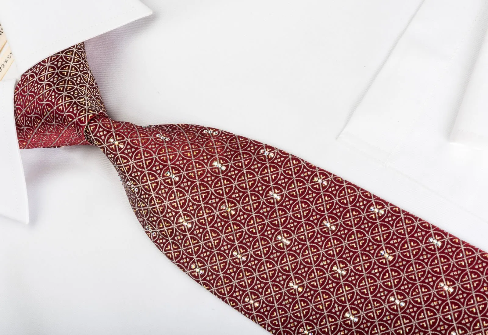 Daily Bones Silk Tie Silver Gold Trellis On Burgundy With Rhinestones