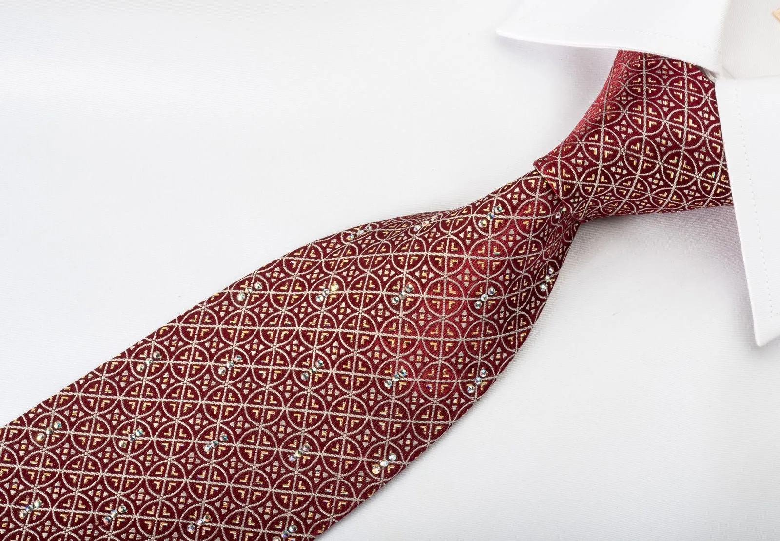 Daily Bones Silk Tie Silver Gold Trellis On Burgundy With Rhinestones