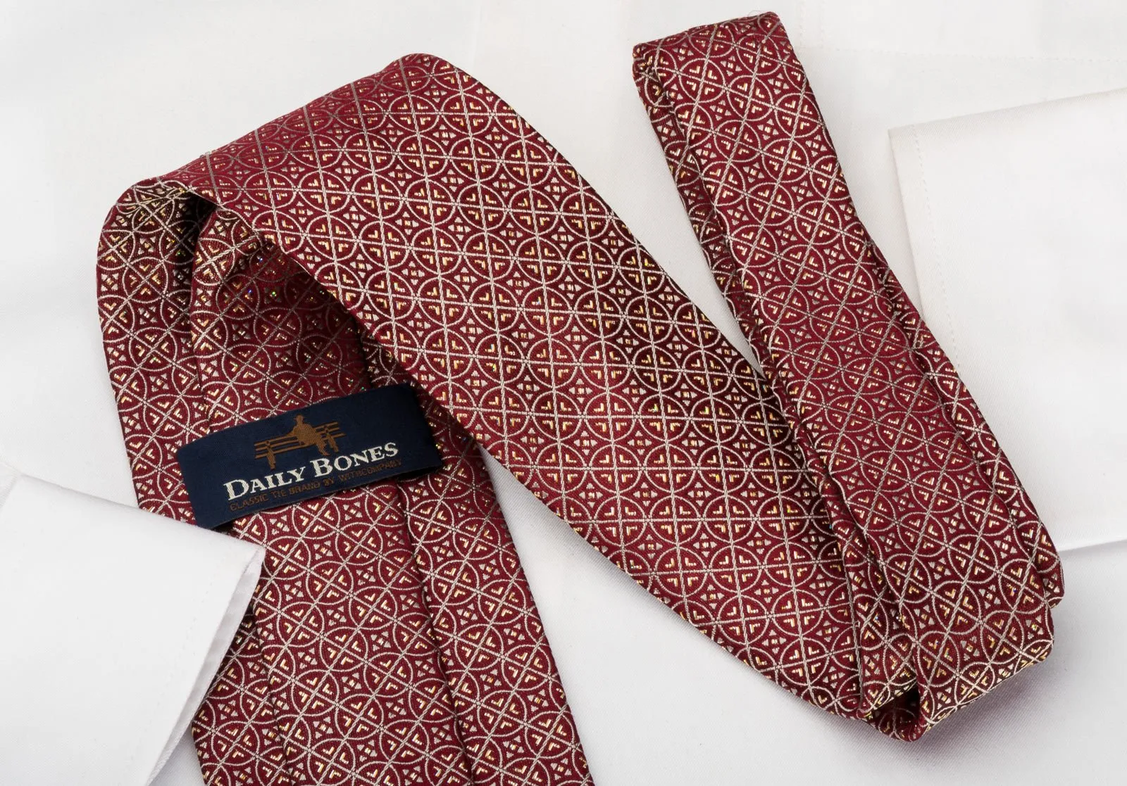 Daily Bones Silk Tie Silver Gold Trellis On Burgundy With Rhinestones