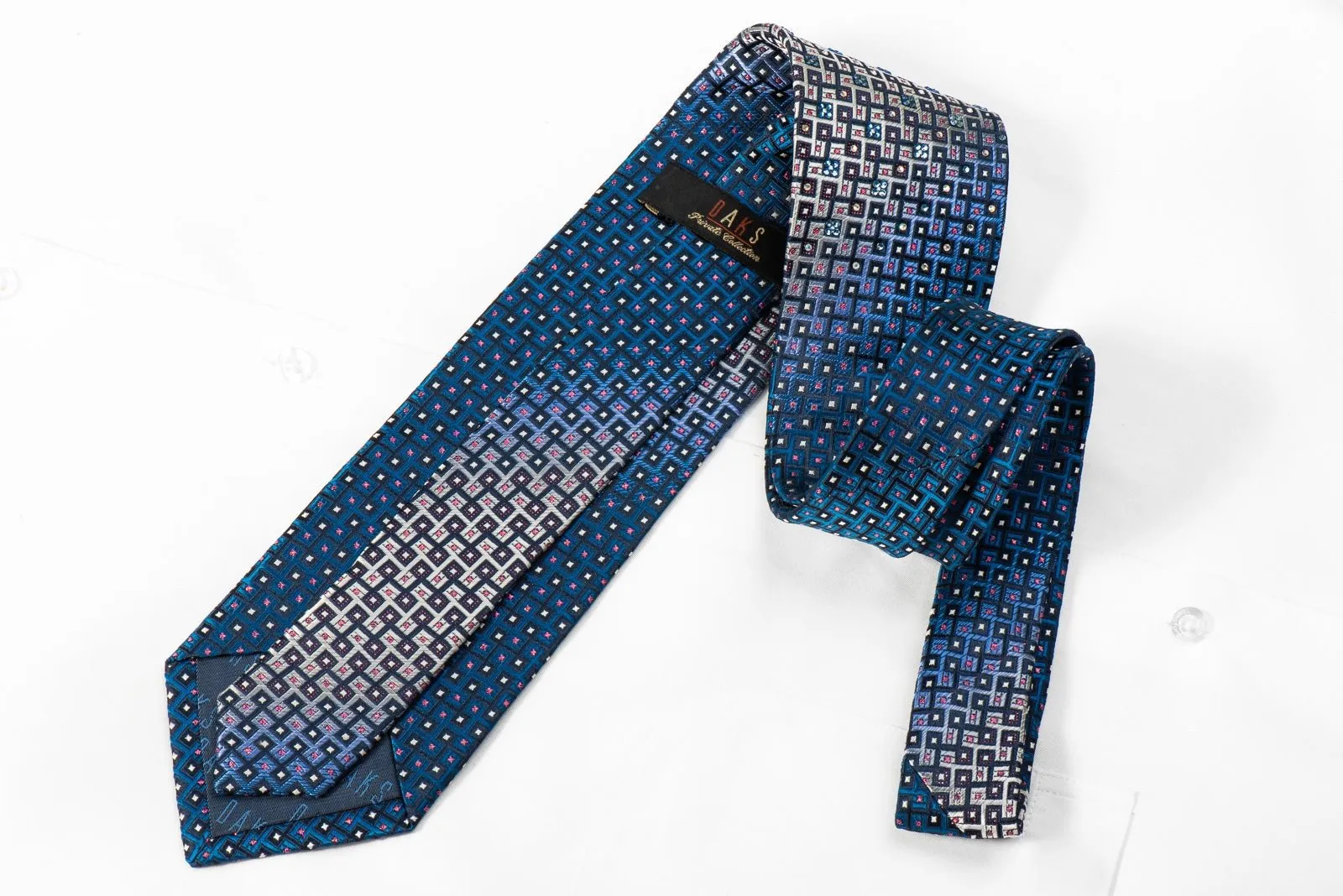 Daks Men's Crystal Rhinestone Silk Necktie Silver Geometric On Blue With Red Sparkles