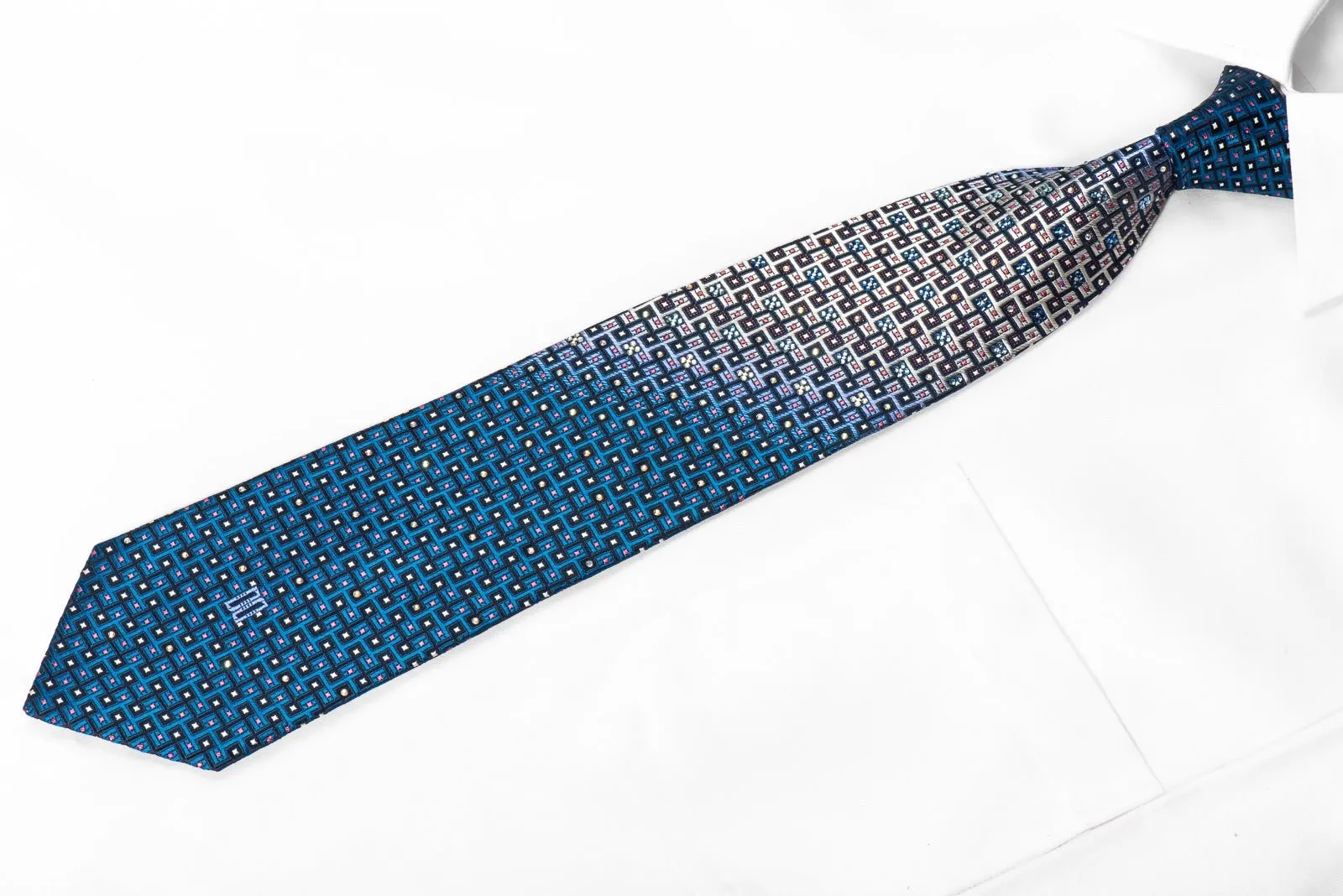 Daks Men's Crystal Rhinestone Silk Necktie Silver Geometric On Blue With Red Sparkles