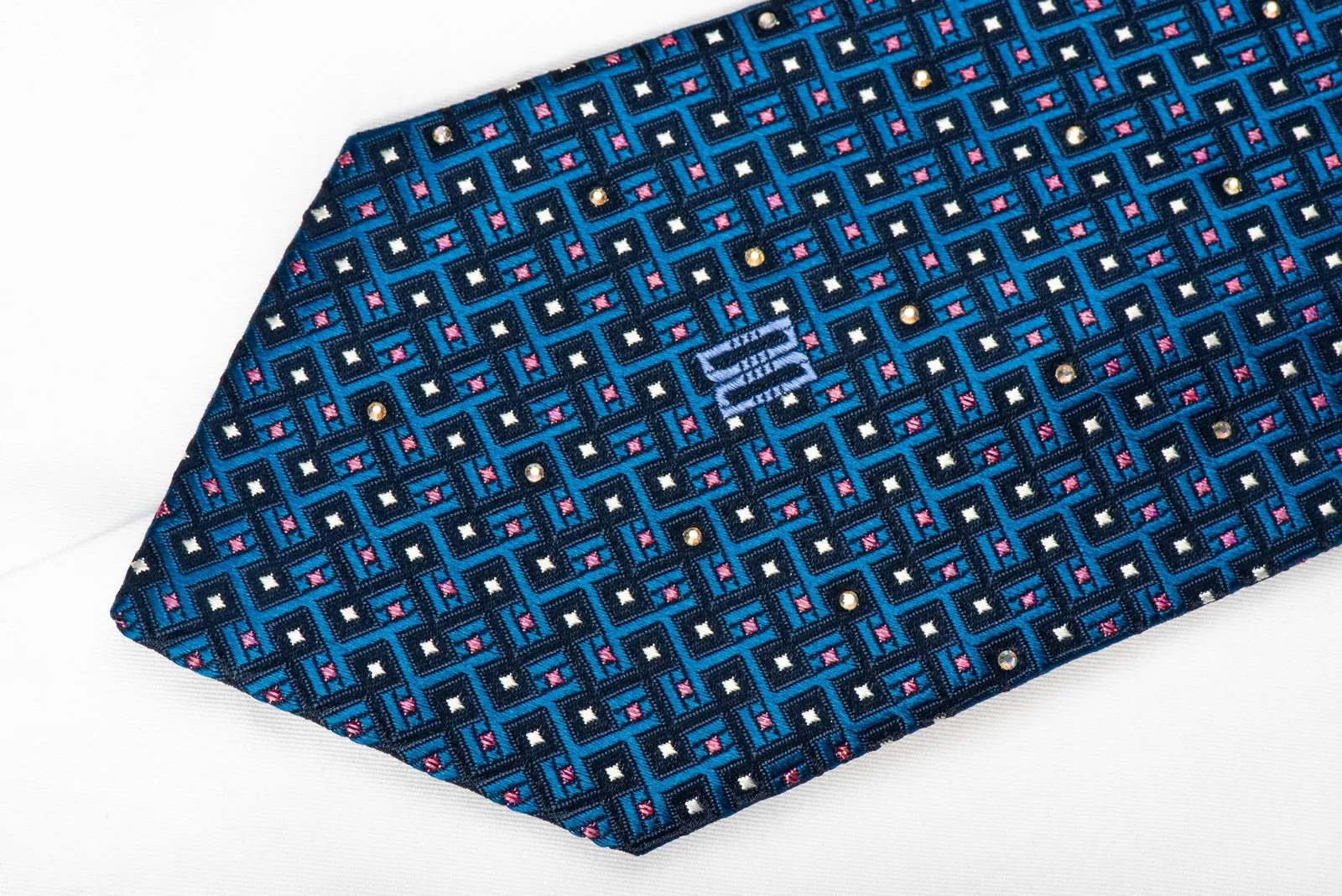 Daks Men's Crystal Rhinestone Silk Necktie Silver Geometric On Blue With Red Sparkles