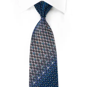 Daks Men's Crystal Rhinestone Silk Necktie Silver Geometric On Blue With Red Sparkles