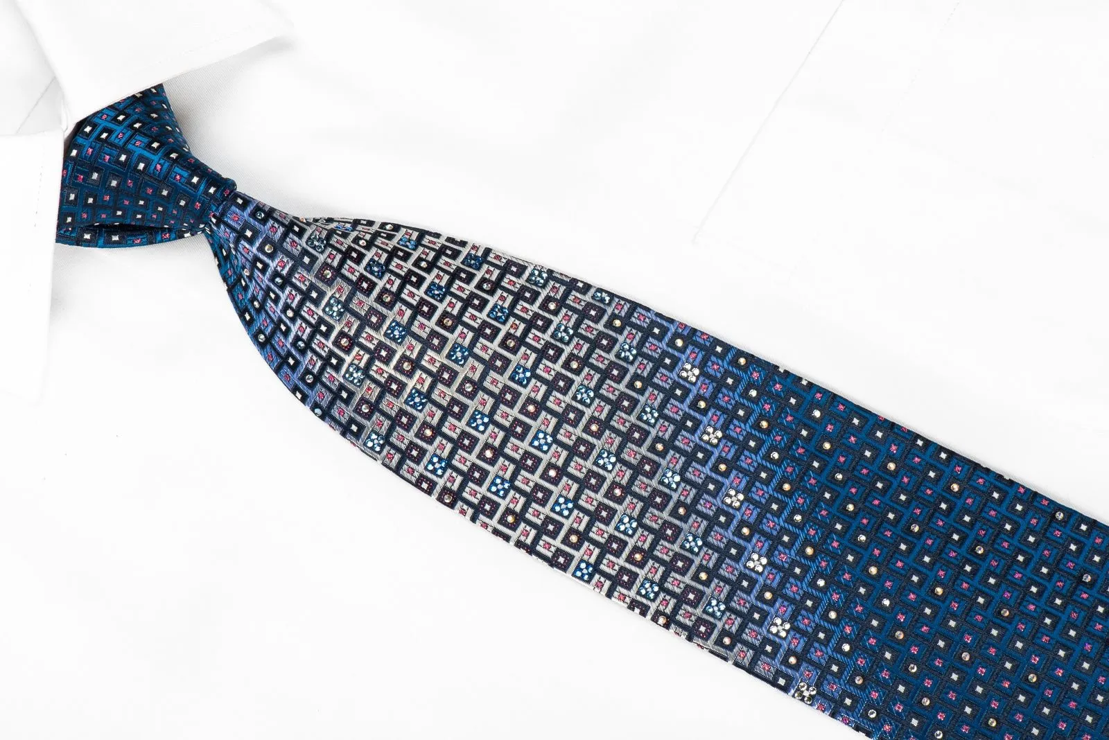 Daks Men's Crystal Rhinestone Silk Necktie Silver Geometric On Blue With Red Sparkles