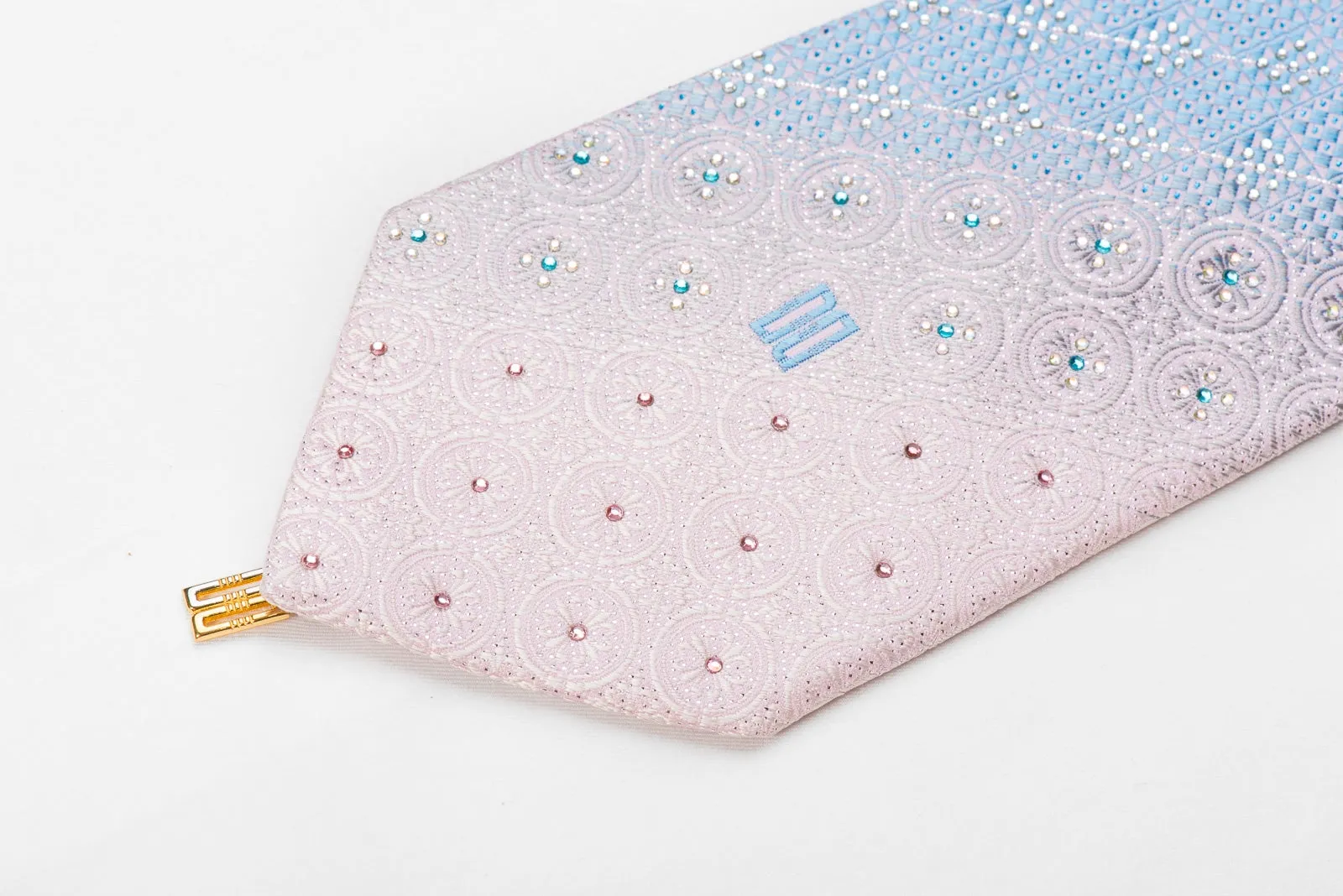 Daks Men's Crystal Silk Necktie Blue Pink Micro Checker With Silver Sparkles