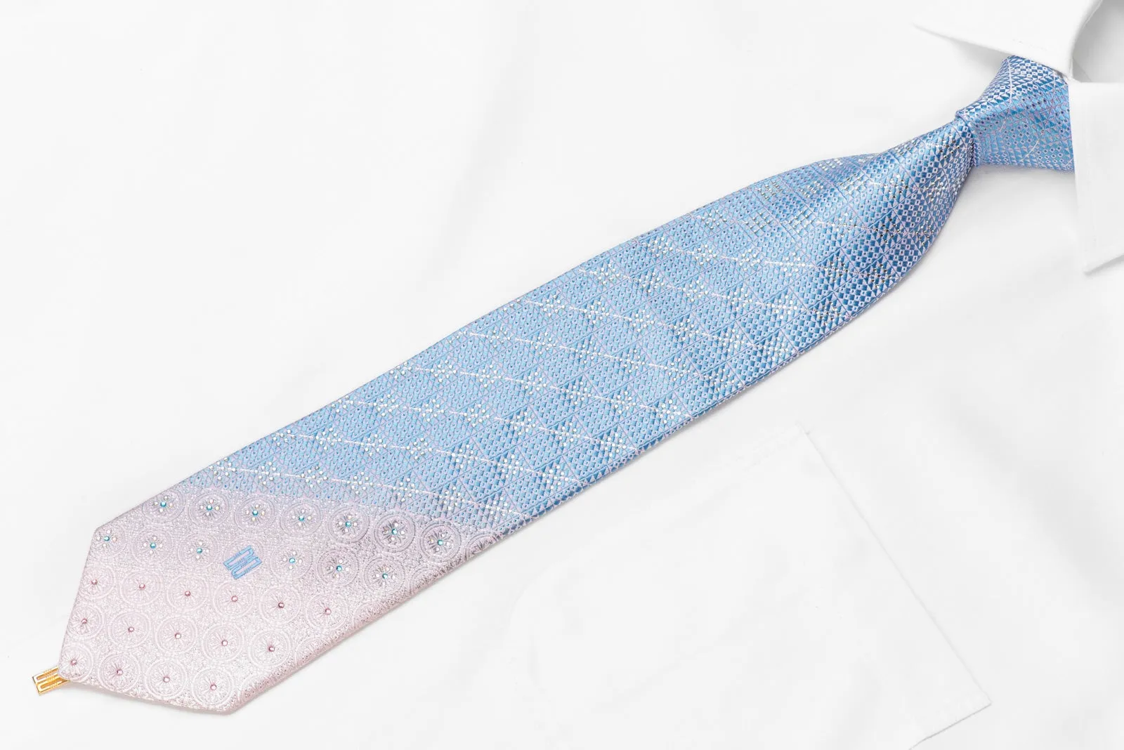 Daks Men's Crystal Silk Necktie Blue Pink Micro Checker With Silver Sparkles