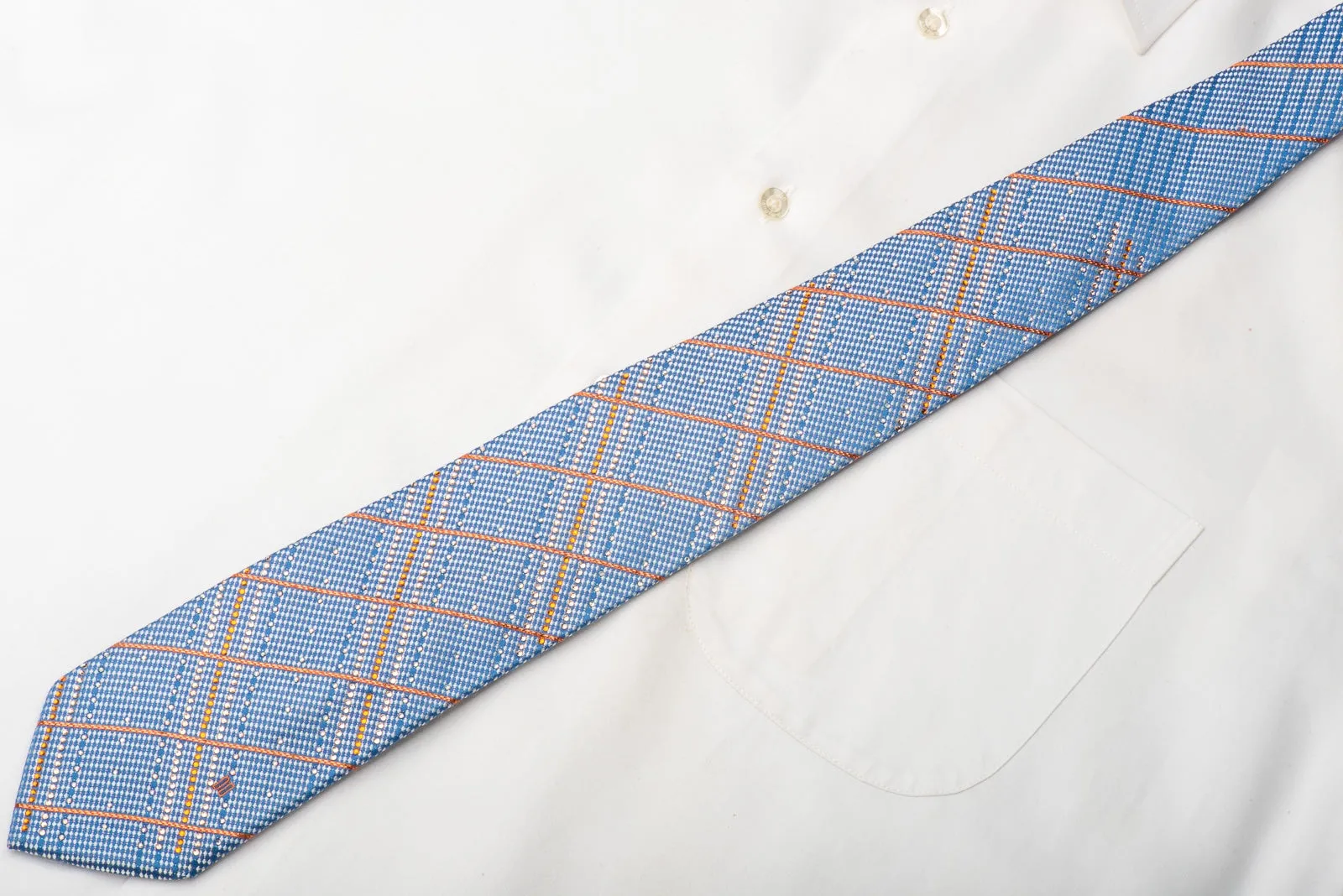 Daks Men's Silk Necktie Orange Silver Striped On Blue Sparkling With Crystal Rhinestones