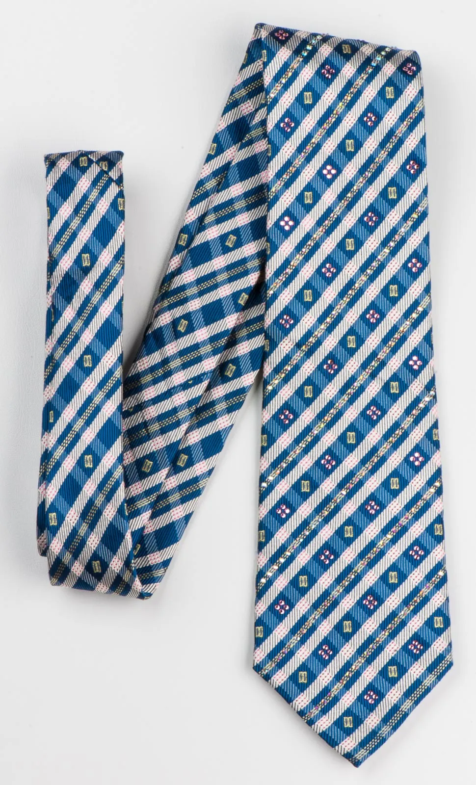 Daks Rhinestone Silk Neck Tie Blue Beige Stripes & Checks With Rhinestones