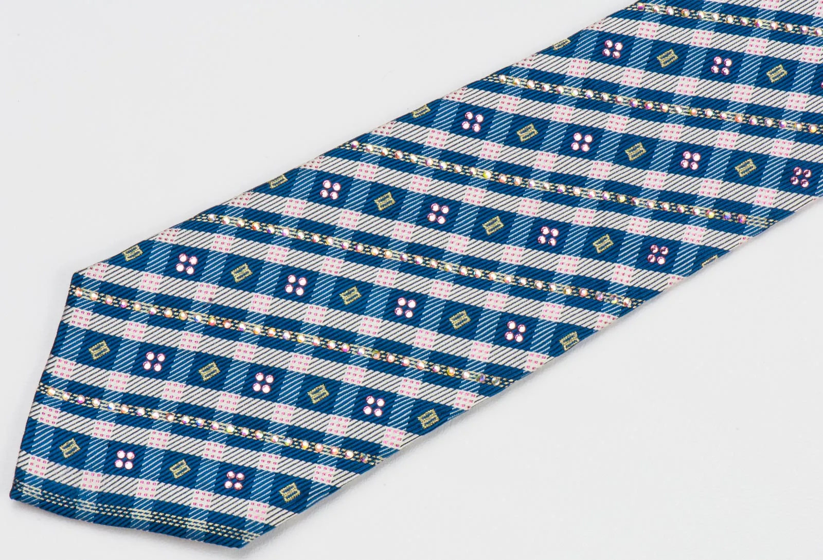 Daks Rhinestone Silk Neck Tie Blue Beige Stripes & Checks With Rhinestones