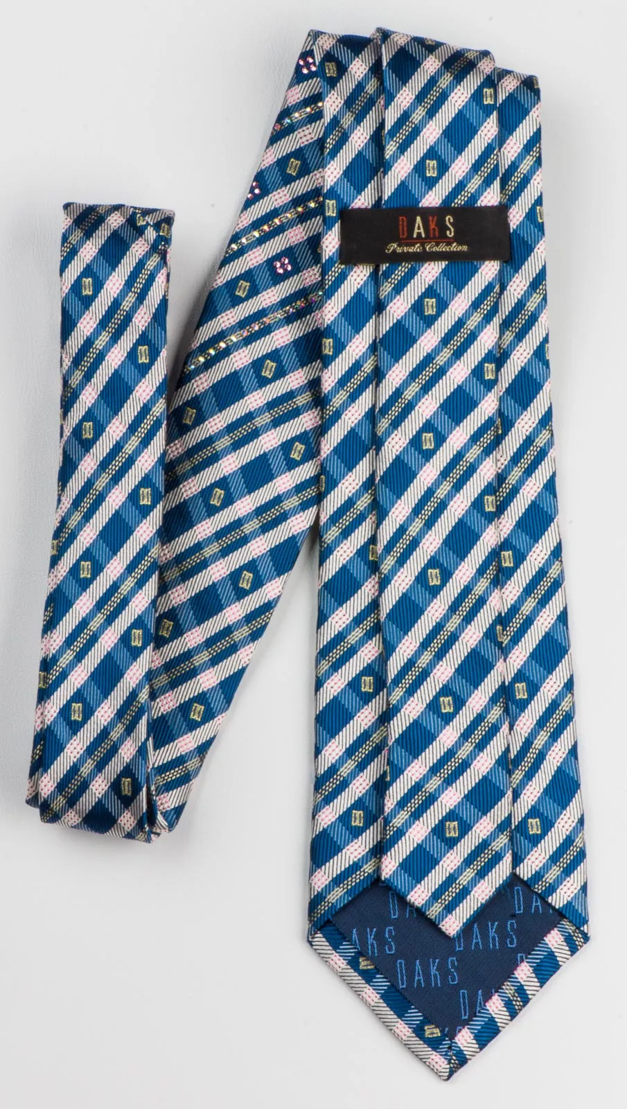 Daks Rhinestone Silk Neck Tie Blue Beige Stripes & Checks With Rhinestones