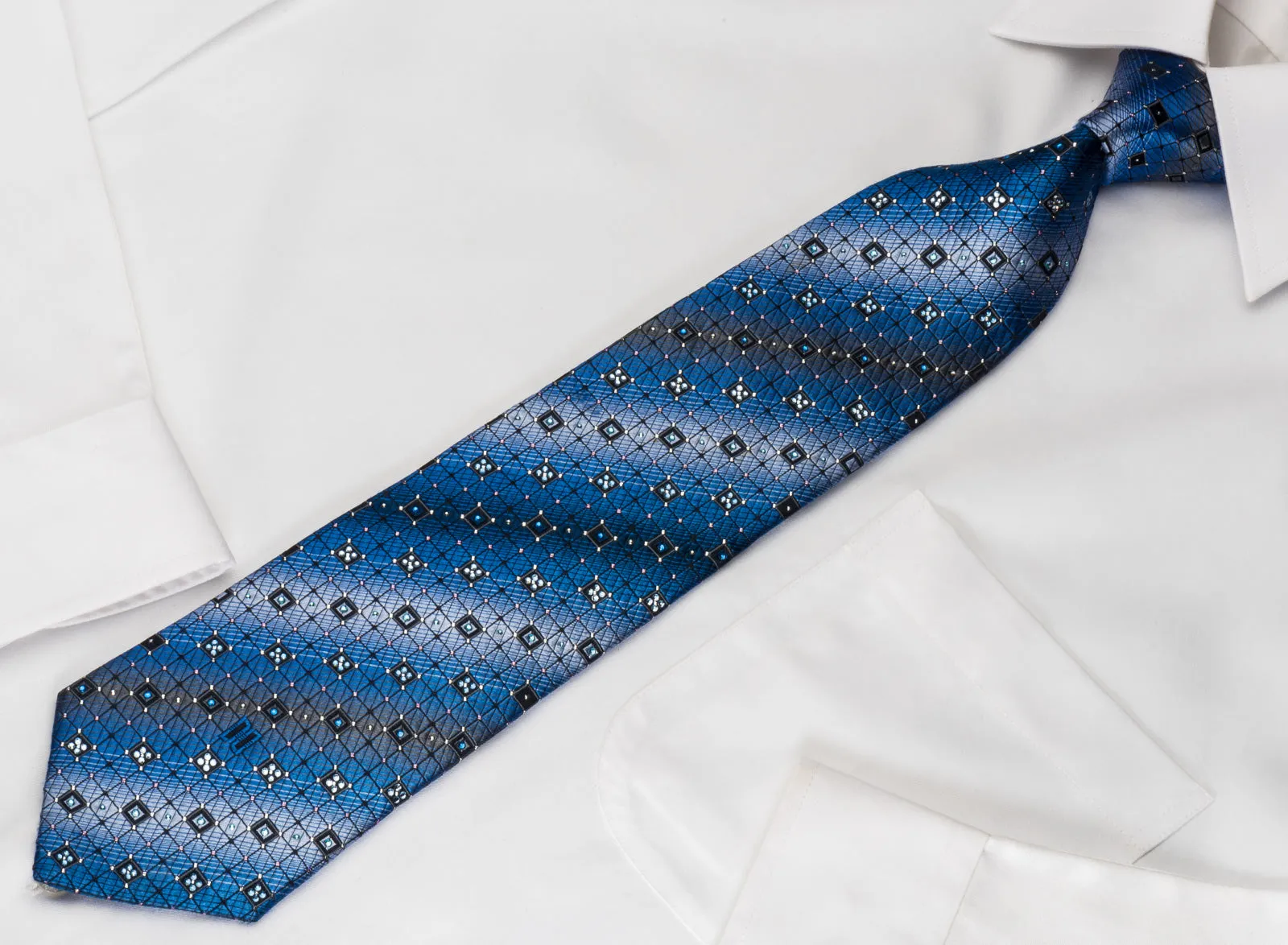 Daks Rhinestone Silk Necktie Trellis On Blue With Silver Sparkles