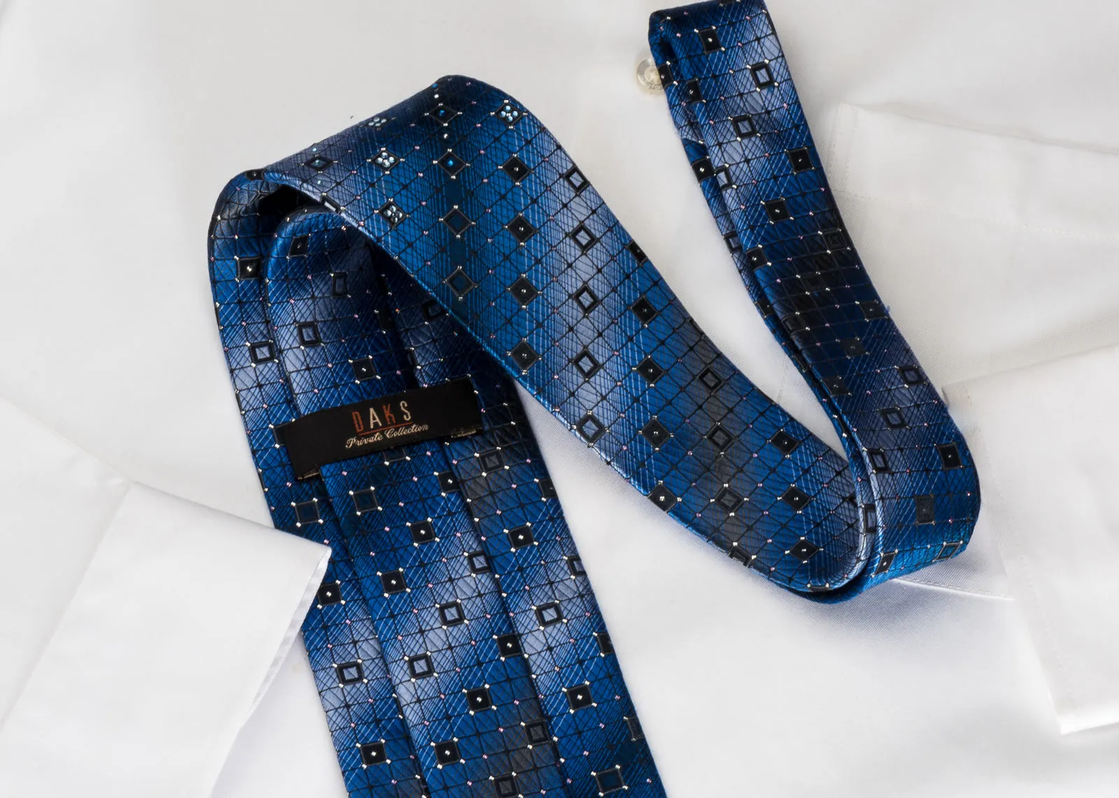 Daks Rhinestone Silk Necktie Trellis On Blue With Silver Sparkles