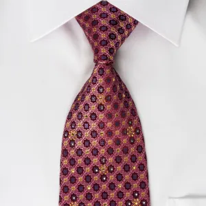 Daniel Hechter Rhinestone Silk Necktie Pink Quatrefoil On Burgundy With Golden Sparkles