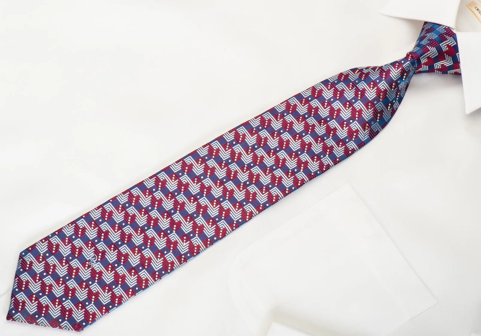 Daniel Hechter Silk Necktie Silver Red Chevron On Blue With Rhinestones & Sparkles